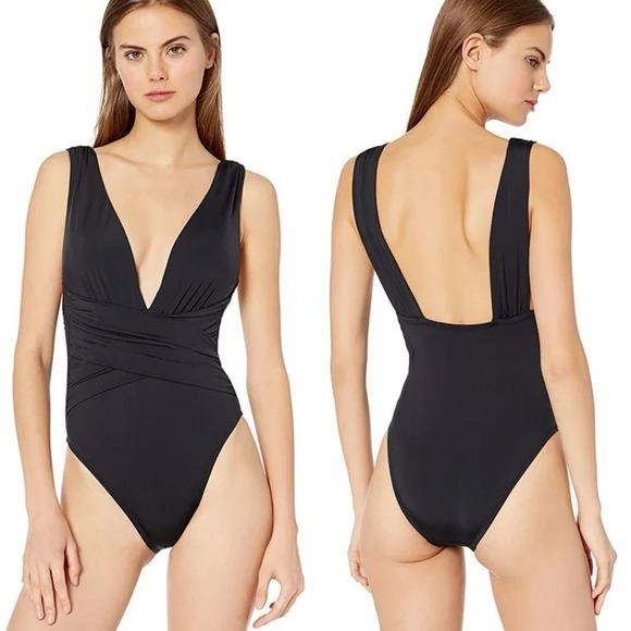 Trina Turk Other - Trina Turk Plunging Faux Wrap Front One Piece Swimsuit Black Women's 4 NWOT